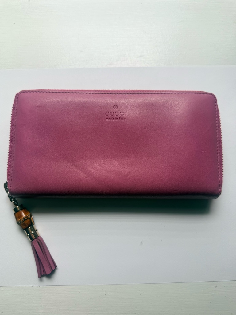 Gucci Pink Leather Bamboo Tassel Zip Around Wallet